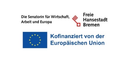Logo: Die Senatorin für Wirtschaft, Arbeit und Europa / EU-Flagge mit Schriftzug: Kofinanziert von der Europäischen Union