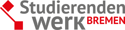 Das Logo des Studierendenwerk Bremen ist ein grau-roter Schriftzug. Links sieht man den Bremer Schlüssel.