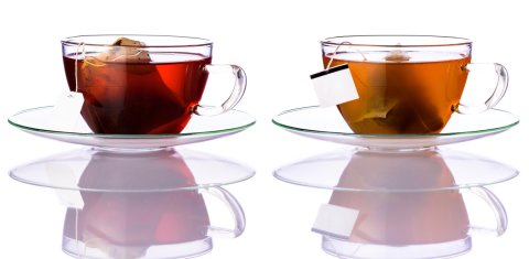 Vier Teegläser sind mit unterschiedlichen Teesorten gefüllt vor einem weißen Hintergrund.