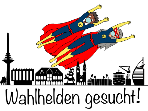 Eine Sketchnote auf weißem Untergrund: Über die Skyline von Bremen fliegen zwei Wahlhelden, gesucht werden Wahlhelfer.