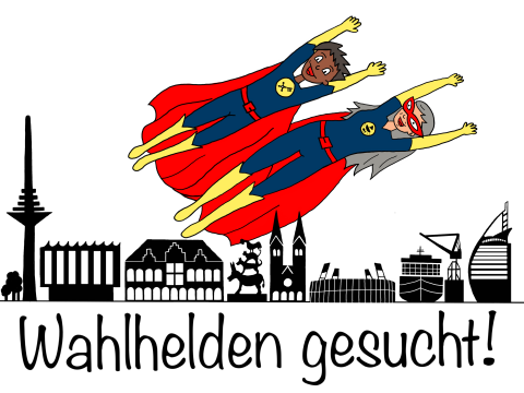 Eine Sketchnote auf weißem Untergrund: Über die Skyline von Bremen fliegen zwei Wahlhelden, gesucht werden Wahlhelfer.