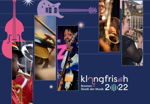 Dunkelblauer Hintergrund mit einigen fotografischn Ausschnitten von musikalischen Events mit dem klangfrisch-Logo