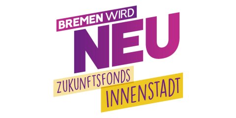 Logo des Zukunftsfonds Innenstadt mit dem Schriftzug "Bremen wird neu - Zukunftsfonds Innenstadt" in den Farben Gelb und Lila.
