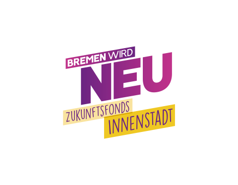 Logo mit dem Schriftzug "Bremen wird neu - Zukunftsfonds Innenstadt" in gelb-lila Farben.