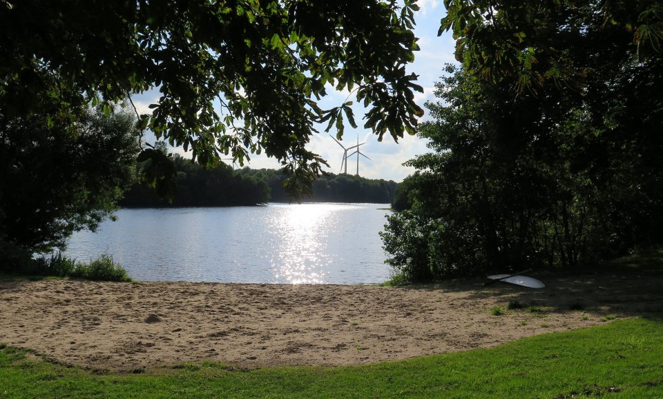 Eine Foto vom Ufer auf den Mahndorfer See. Das Sandufer und das grüne Ufer liegen im Vordergrund. Im Hintergrund sind moderne Windräder zu sehen.