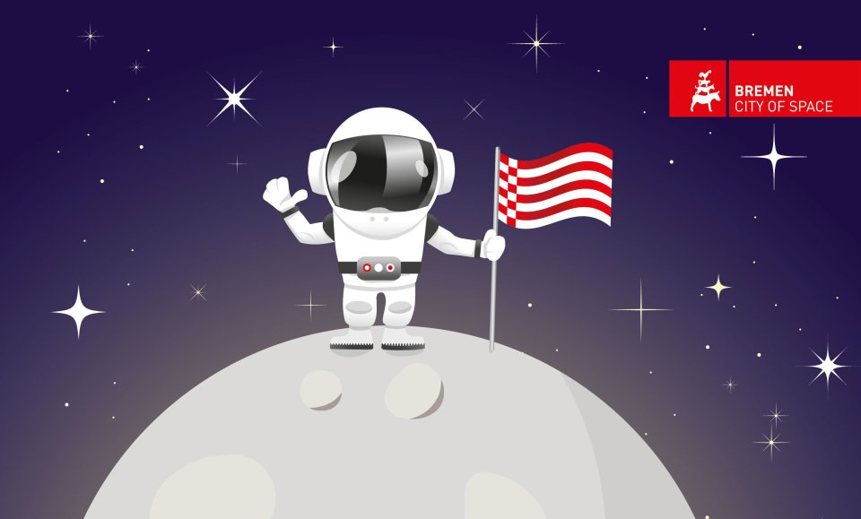 Ein Astronaut steht mit Speckflagge auf dem Mond.