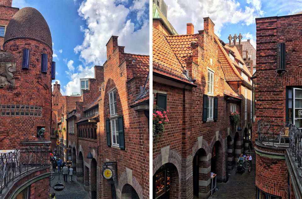 Collage zweier Bilder zeigt den Ausblick vom Balkon des Paula Modersohn-Becker Museums sowohl in die eine, als auch in die andere Richtung. Zu sehen sind die architektonisch besonderen Backstein-Gebäude der Straße.
