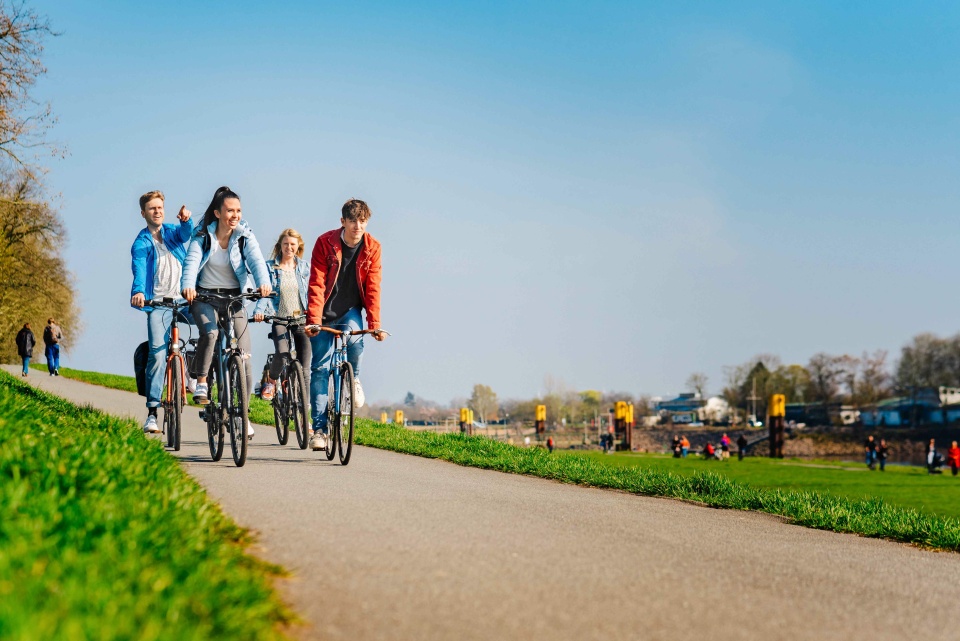 Vier Personen fahren am Bremer Osterdeich mit dem Fahrrad. Es ist sommerlich.