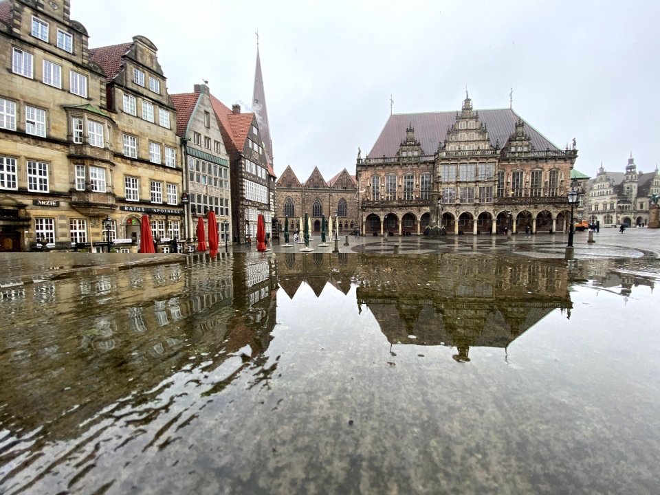 Historic buildings are reflected on a wet surface.