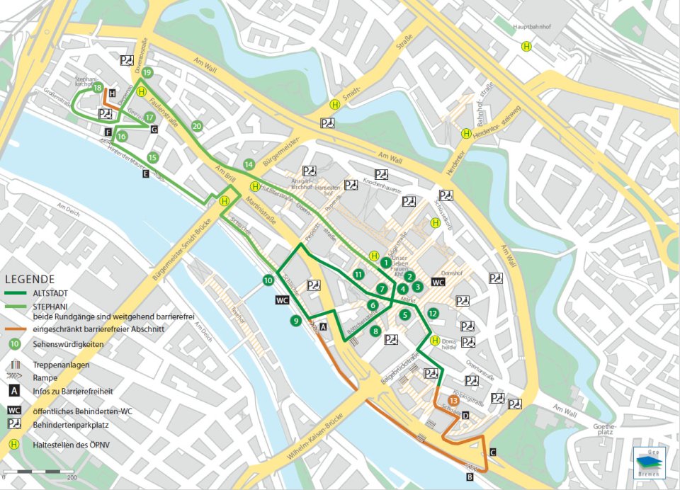 Karte mit allen Stationen des barrierefreien Stadtrundgang Altstadt & Stephani