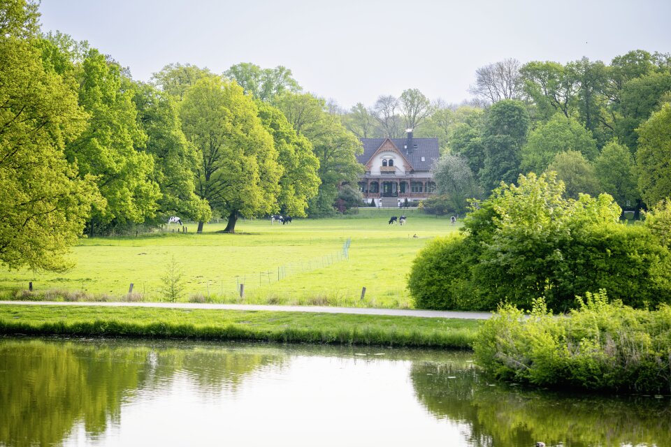 Im Vordergrund ist der Bürgerpark. Im Hintergrund ist das Restaurant Meierei zu sehen.