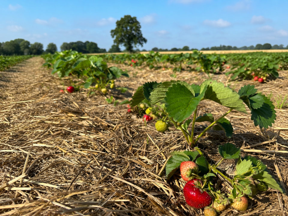 Erdbeeren wachsen an einem Strauß.