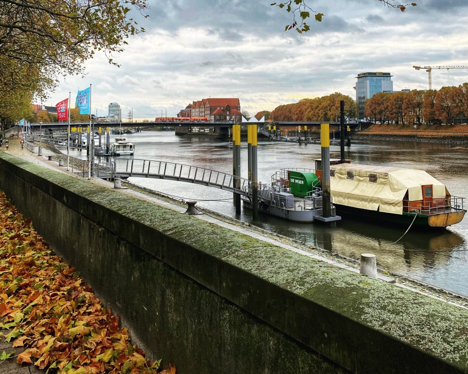 Blick auf die Weser. Es liegen herbstliche Blätter auf dem Boden und ein Schiff liegt am Anleger.