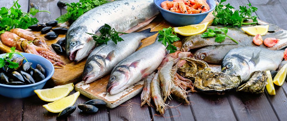 Verschiedene Fischsorten, Muscheln, Garnelen und Tintenfische liegen auf einem Tisch. 