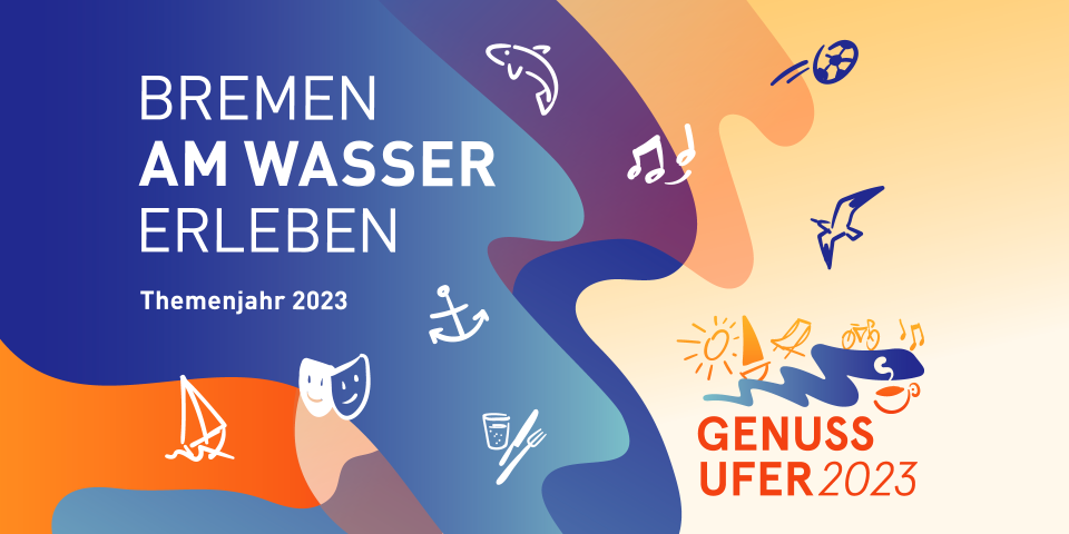 Mehrfarbige Grafik, auf der steht "Bremen am Wasser erleben, Themenjahr 2023" und das Genussufer-Logo zu sehen ist.