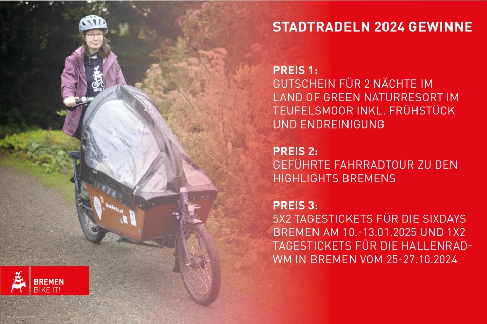 Eine rote Grafik, auf der ein Foto mit einer Radfahrerin zu sehen ist. Darneben stehen in weißer Schrift die 3 Hauptpreise.