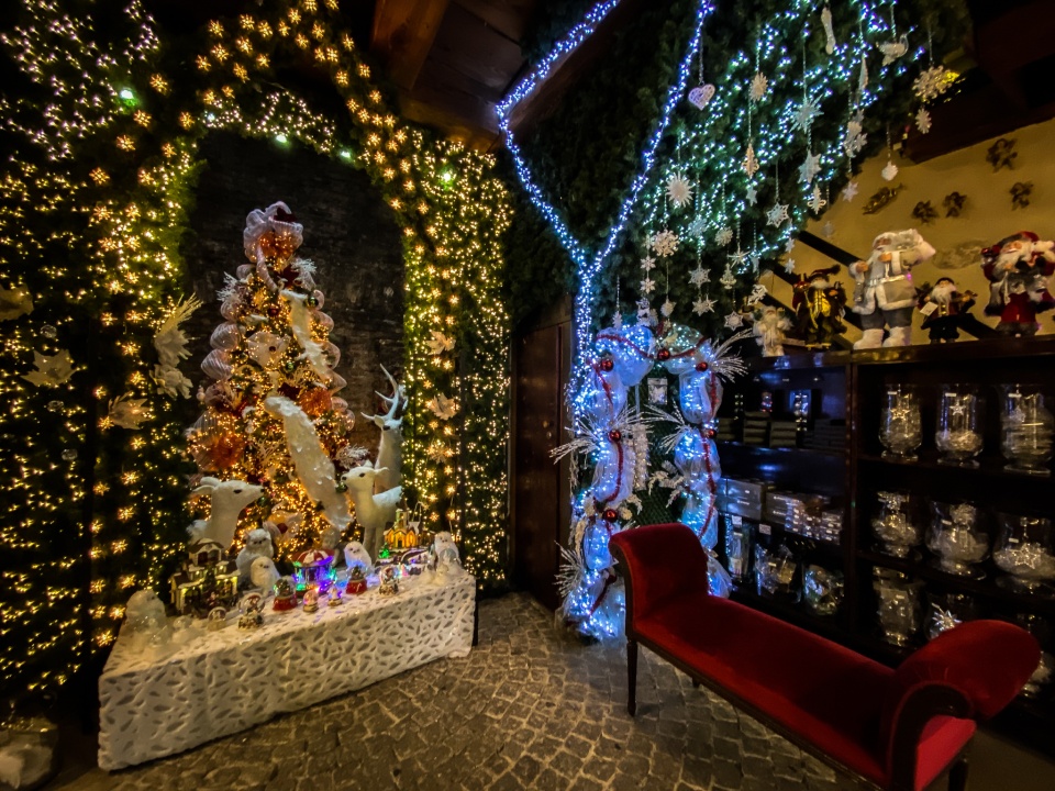 Der Laden von innen. Ein funkelnder Weihnachtsbaum steht in der Mitte. Davor steht eine rote Couch