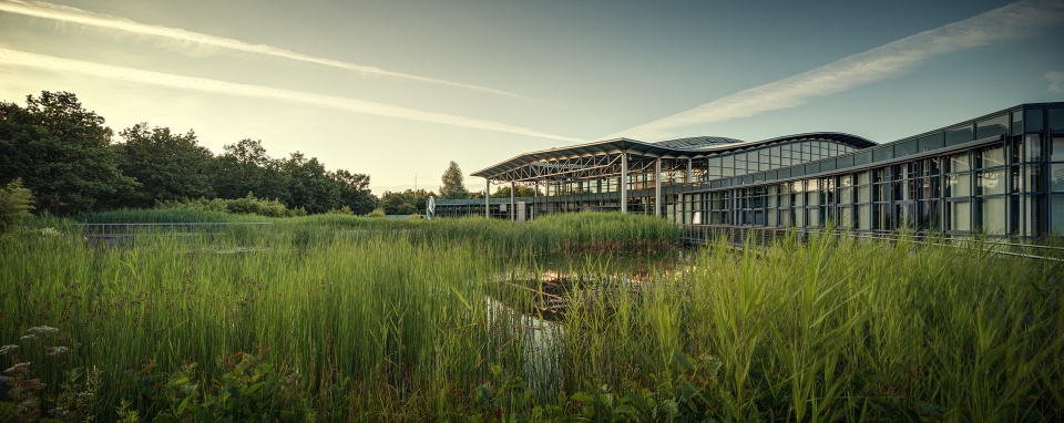 Blick auf das Gottlieb Restaurant im Mercedes Benz Kundencenter von außen mit Blick auf See.