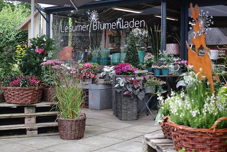 Ein Laden von außen. Davor stehen bunte Blumenkübel und auf der rechten Seite stecken in einer Pflanze die Bremer Stadtmusikanten aus Messing.