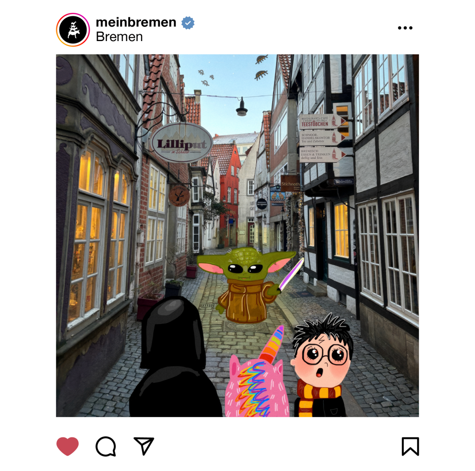 Das Bild zeigt eine Gasse im Bremer Schnoorviertel mit Gebäuden zu beiden Seiten. Auf dem Bild selbst wurden noch comic-artige Figuren hinzugefügt, wie beispielsweise Harry Potter oder ein Einhorn.