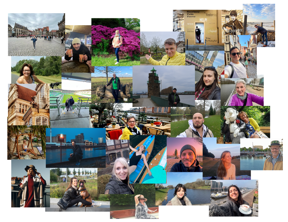 Eine Collage aus Bildern, die Personen an ihren Lieblingsorten in Bremen zeigen. 