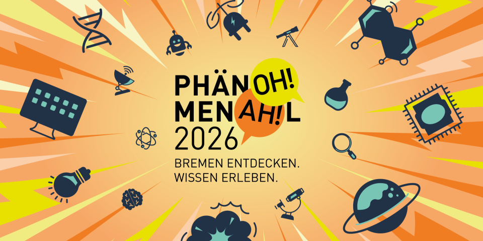 Fliegende wissenschaftliche Symbole umgeben das Logo des Themenjahres "Phänomenal 2026"
